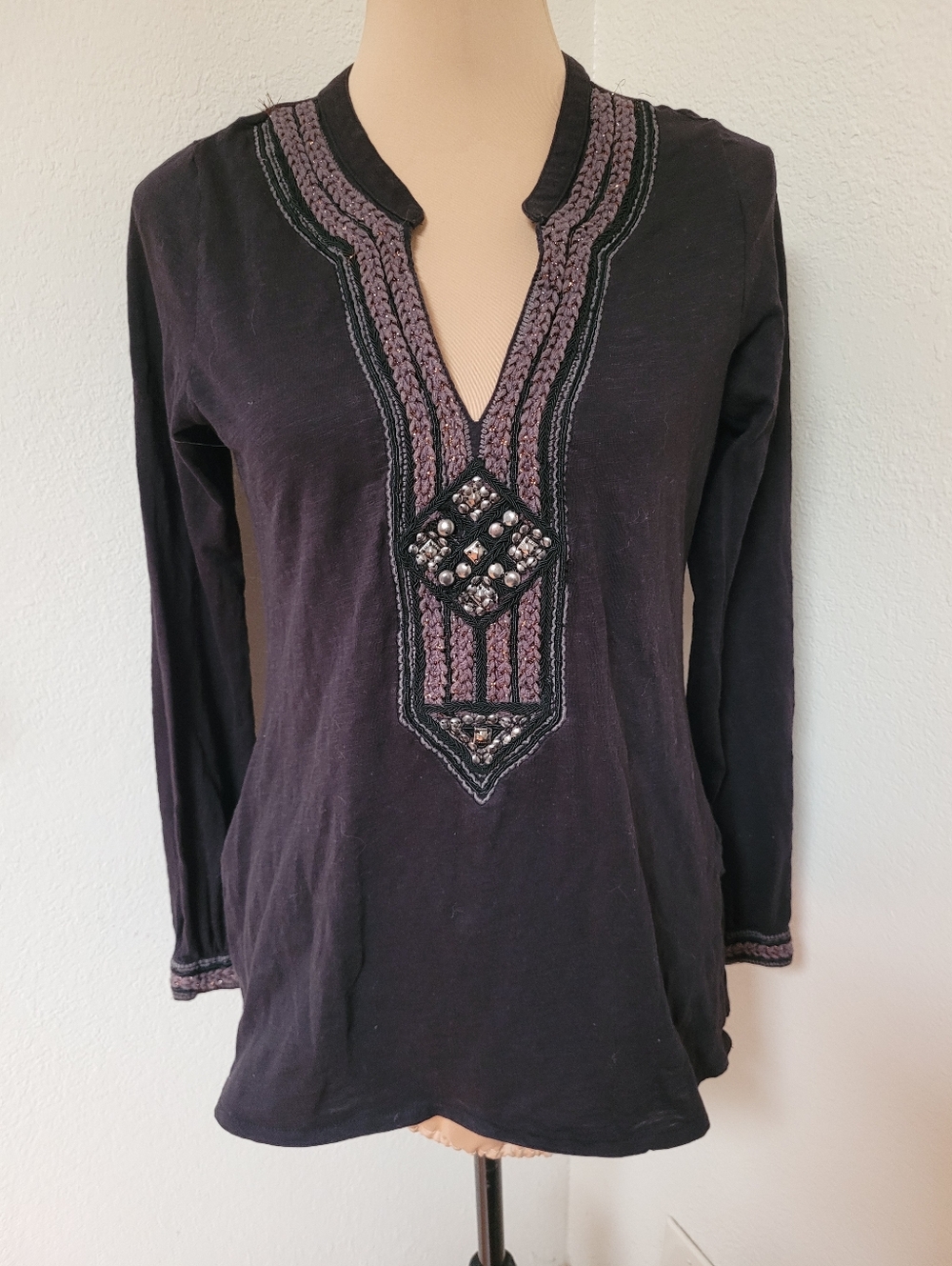 Lucky Brand Black Long-Sleeve V-Neck Top with Embroidery